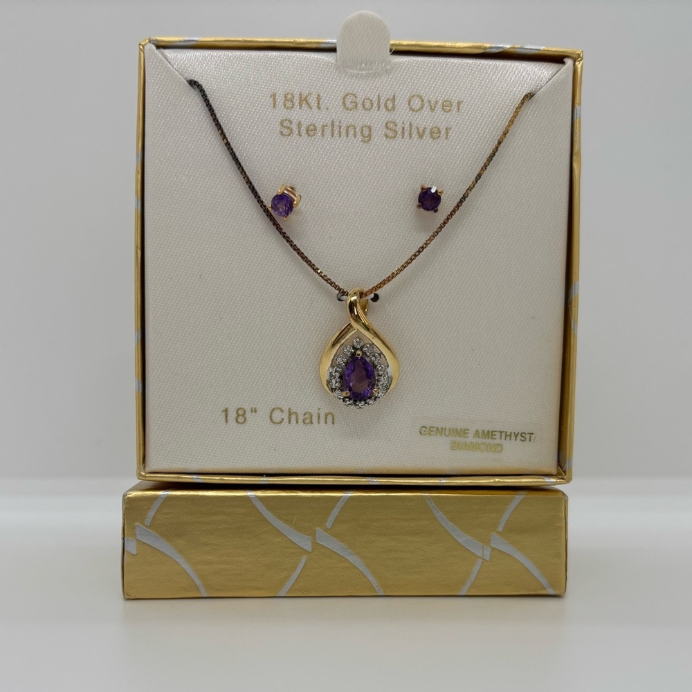 NEW 18K Gold /Silver Amethyst & Diamond Necklace + Stud Earrings Set – 18”